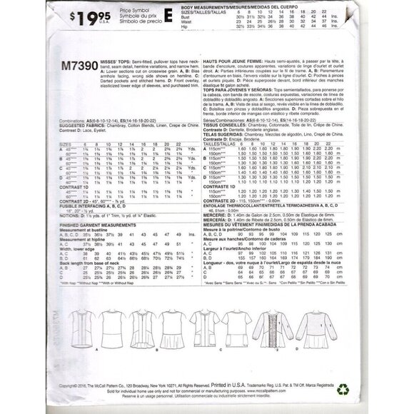 McCall's M7390 Misses 14 to 22 Tops and Tunics Uncut Sewing Pattern New - Picture 2 of 2